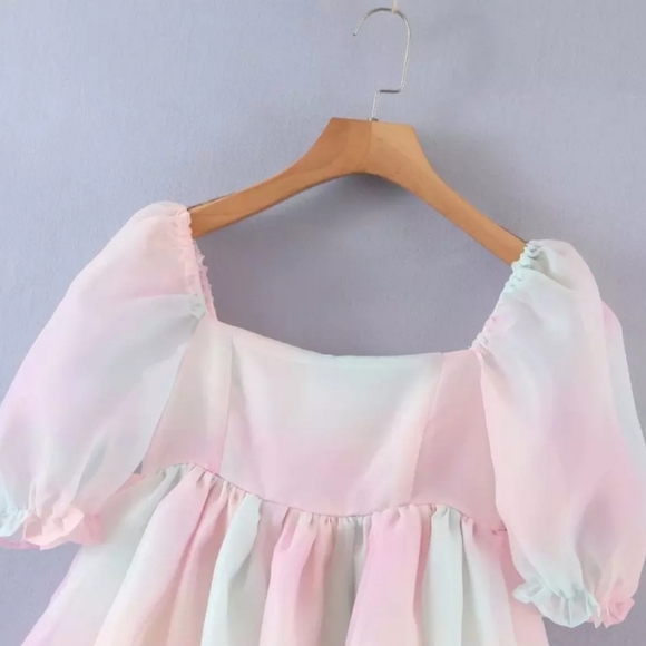 Babydoll Rainbow Tie Dye Puff Sleeve Mini Dress - Picture 7 of 14